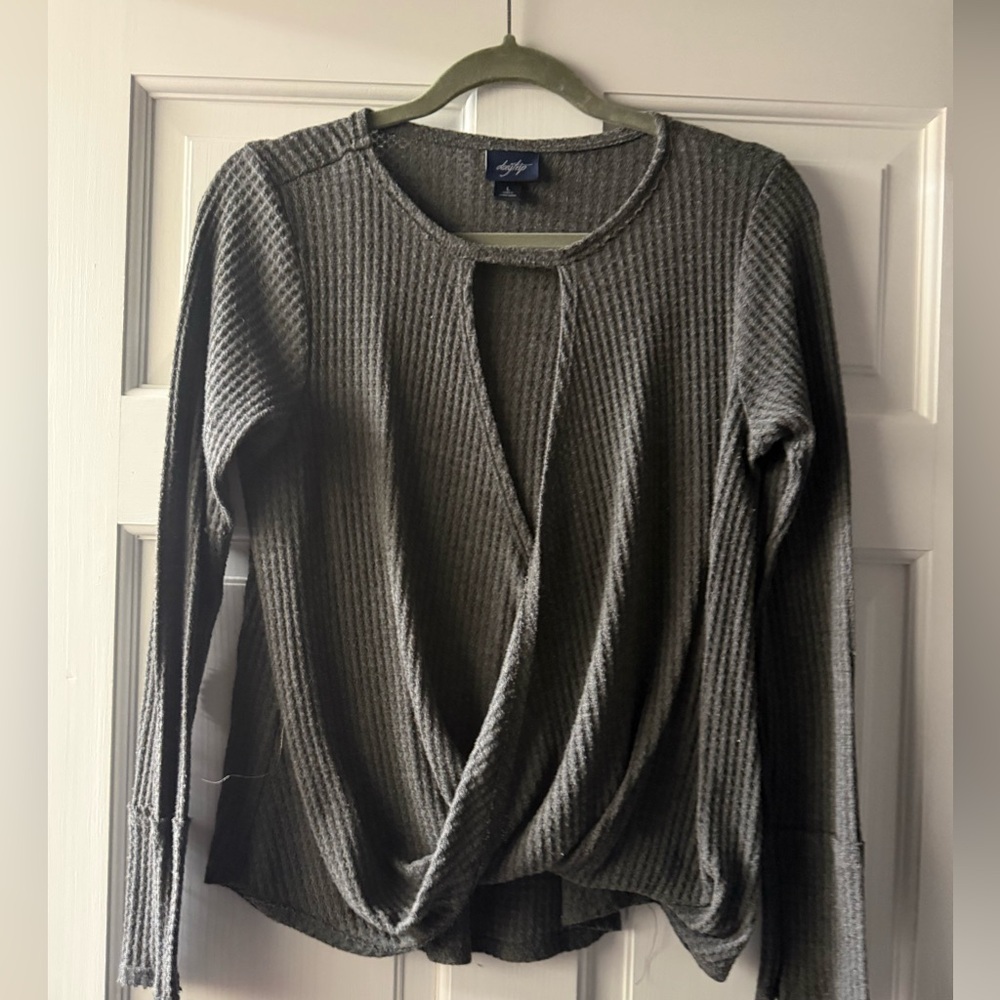 Daytrip Surplice Top Long Sleeve Waffle Knit Top in Charcoal Gray